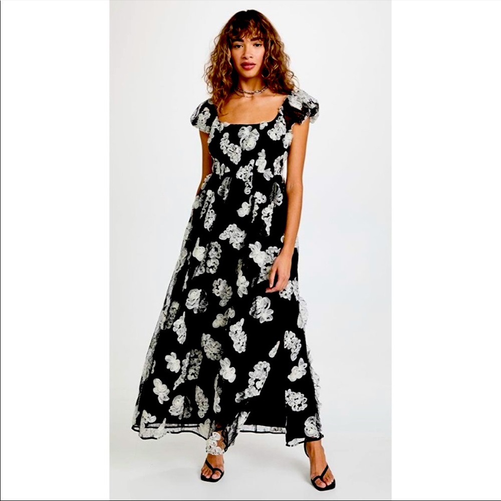 Rebecca Taylor black ribbon lace flutter sleeve dress